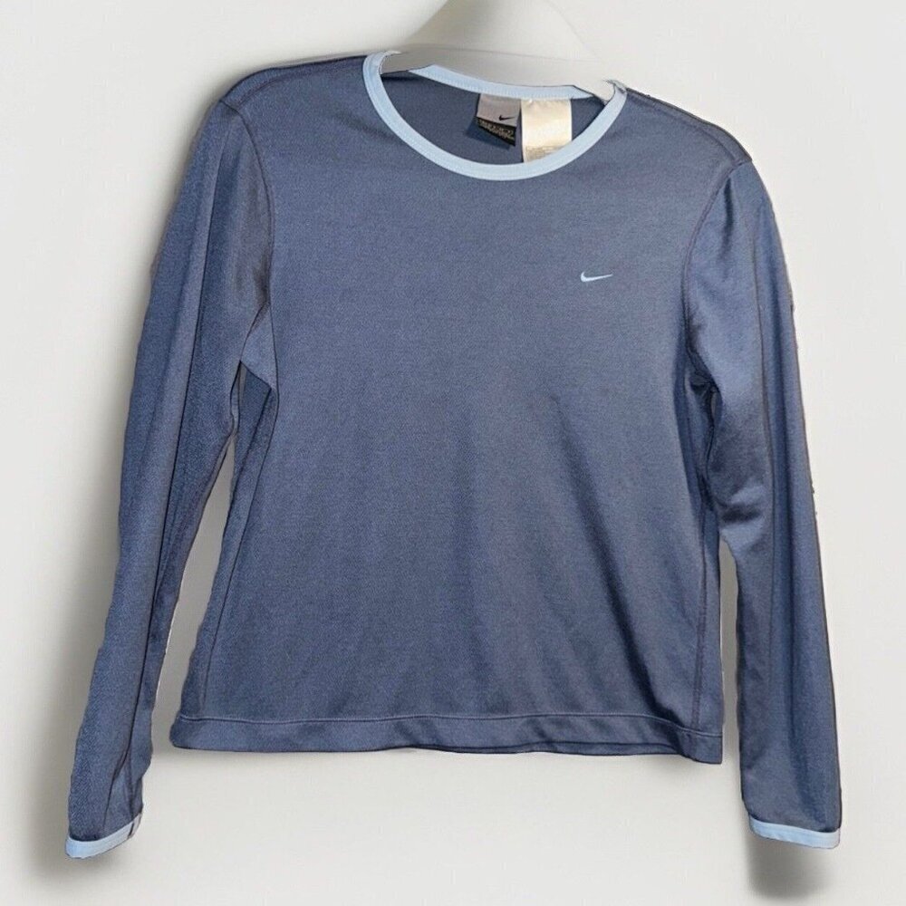 Nike Dri-fit Long Sleeve Blue Grey Womans Active Wear Shirt Size Small